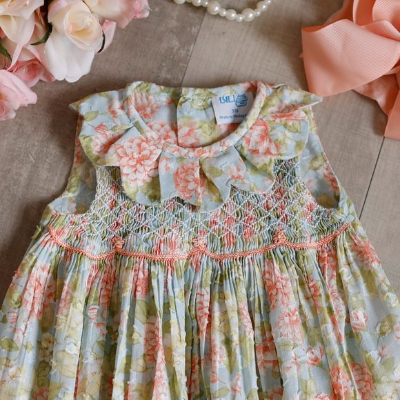 Smocked Romper Floral Spring Summer Boutique Luli & Me 3/6 Months with Hairbow - Picture 2 of 6